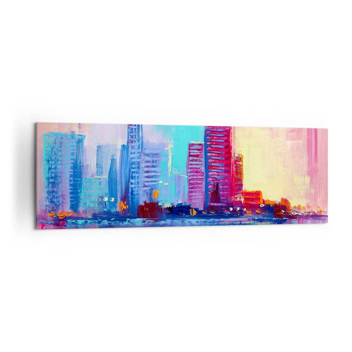 Bild auf Leinwand - Leinwandbild - Ein farbenfrohes Panorama der Stadt im Aquarellstil - 160x50cm - In Farben getaucht - Moderne Wanddekoration für Wohnzimmer und Schlafzimmer ARTTOR