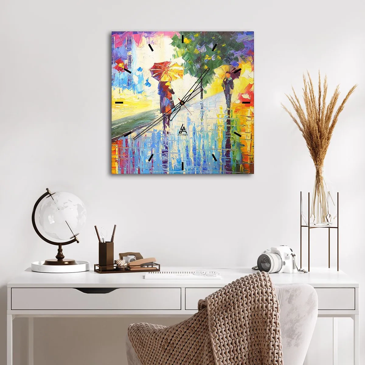 Wanduhr - Glasuhr - Ein Spaziergang mit Regenschirm in einer farbenfrohen Regenlandschaft - 30x30cm - Und alles klar - Moderne Wanddekoration für Wohnzimmer und Schlafzimmer ARTTOR