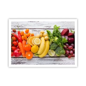 Poster - Buntes Obst und Gemüse auf einem hölzernen Hintergrund - 100x70cm - Es ist nicht genug? - Moderne Wanddekoration für Wohnzimmer und Schlafzimmer ARTTOR