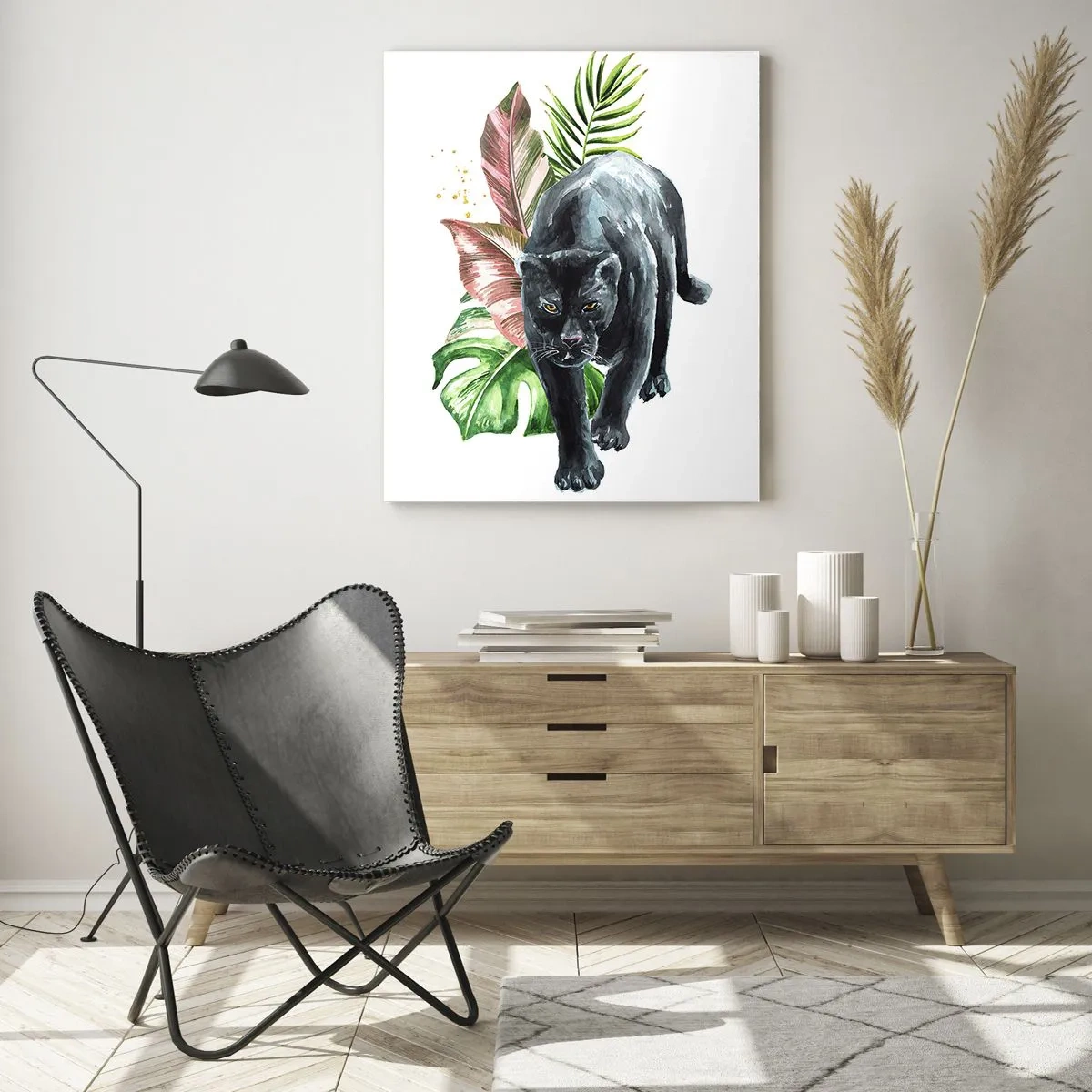 Glasbild - Bild auf glas - Schwarzer Panther auf einem Hintergrund aus tropischen Blättern im Aquarellstil - 50x70cm - Wildheit des Herzens - Moderne Wanddekoration für Wohnzimmer und Schlafzimmer ARTTOR