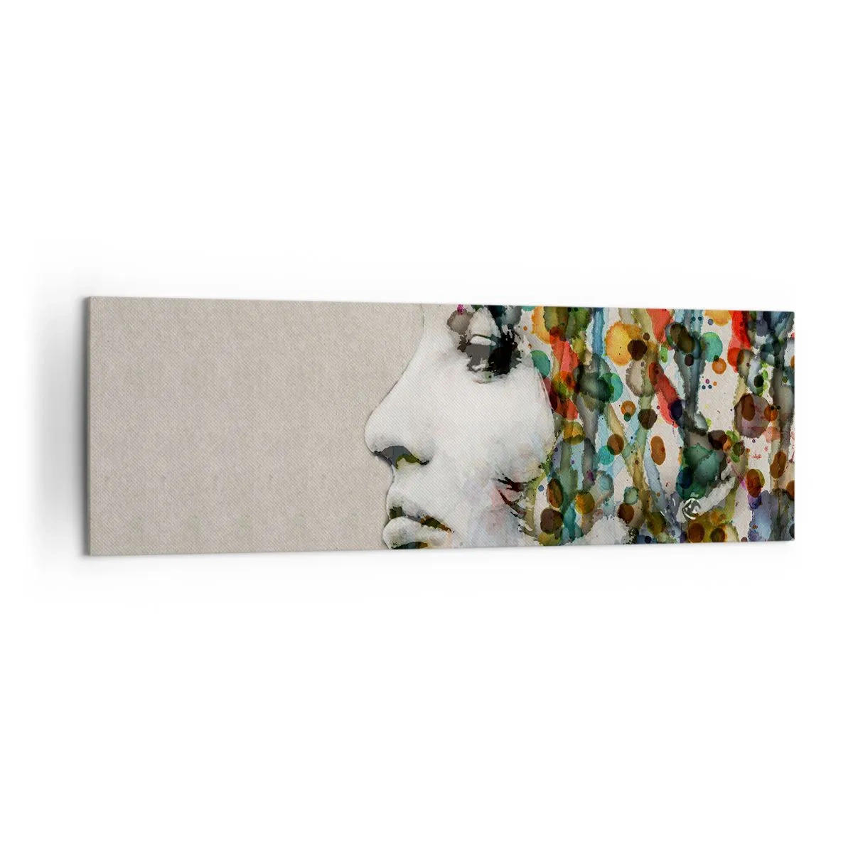 Bild auf Leinwand - Leinwandbild - Profil einer Frau in Aquarellfarben mit abstraktem Hintergrund - 160x50cm - Sie tauchte aus dem Grau auf - Moderne Wanddekoration für Wohnzimmer und Schlafzimmer ARTTOR