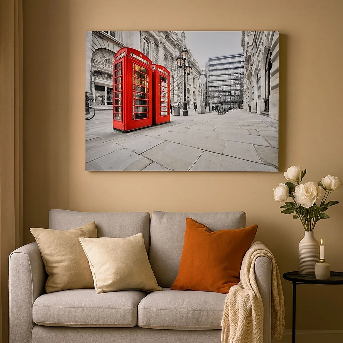 Bild auf Leinwand - Leinwandbild - Rote Telefonzellen vor dem Hintergrund der Stadtlandschaft - 70x50cm - Willkommen in London - Moderne Wanddekoration für Wohnzimmer und Schlafzimmer ARTTOR