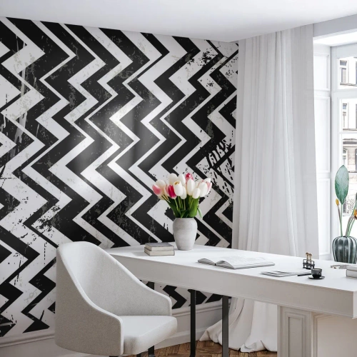 Fototapete Premium Sand - Schwarz-weißes Zickzack-Muster mit Used-Effekt - 100x70cm - Zick-weiß, Zack-schwarz - Moderne Wanddekoration für Wohnzimmer und Schlafzimmer ARTTOR