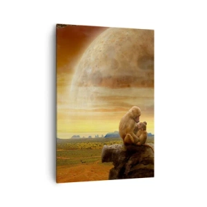 Bild auf Leinwand - Leinwandbild - Affen sitzen auf einem Felsen in einer surrealen Landschaft mit einem riesigen Planeten - 70x100cm - Die Liebe ist überall gleich - Moderne Wanddekoration für Wohnzimmer und Schlafzimmer ARTTOR