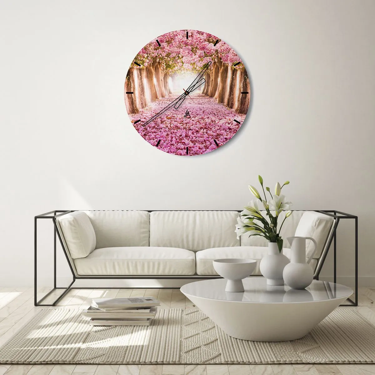 Wanduhr - Glasuhr - Eine Allee blühender Kirschbäume - 30x30cm - Der Weg ins Paradies - Moderne Wanddekoration für Wohnzimmer, Küche und Schlafzimmer ARTTOR