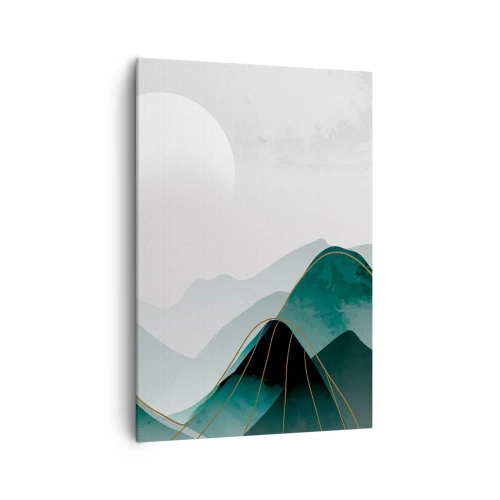 Bild auf Leinwand - Leinwandbild - Abstrakte Berglandschaft mit Mond und goldenen Linien - 70x100cm - In voller Majestät - Moderne Wanddekoration für Wohnzimmer und Schlafzimmer ARTTOR