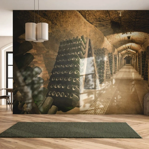 Selbstklebende Fototapete Deluxe Sticker - Die Geburt des Geschmacks - Gastronomie, Eine Flasche Wein, Weinkeller - 350x256 cm