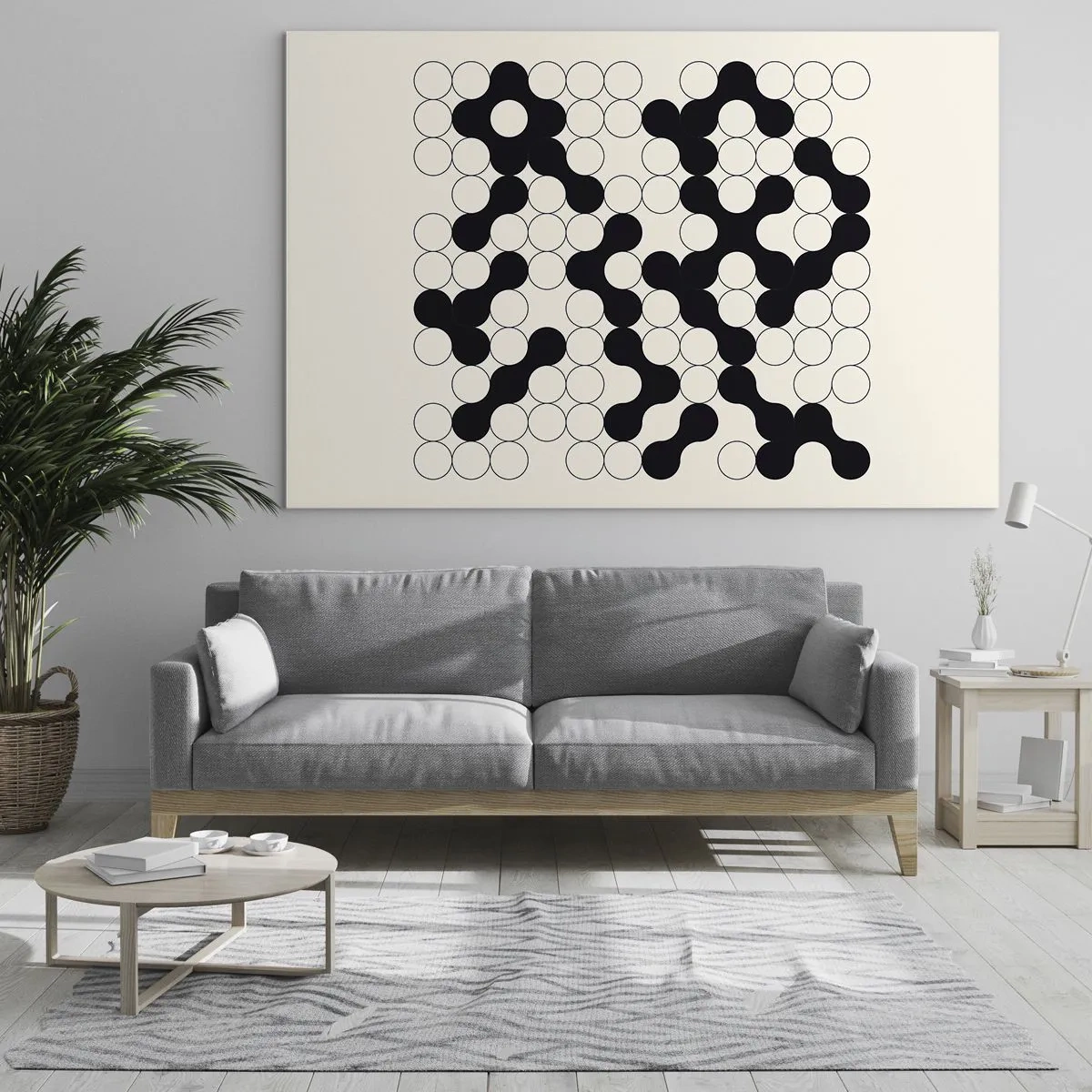 Glasbild - Bild auf glas - Ein schwarz-weißes grafisches Mosaik aus verbundenen Punkten. - 70x50cm - Chinesisches Spiel – Variation - Moderne Wanddekoration für Wohnzimmer und Schlafzimmer ARTTOR