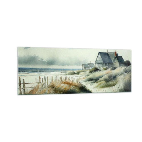 Glasbild - Bild auf glas - Ein Haus am Meer, umgeben von Gras und mit Blick auf das Meer - 140x50cm - Abseits vom Trubel - Moderne Wanddekoration für Wohnzimmer und Schlafzimmer ARTTOR