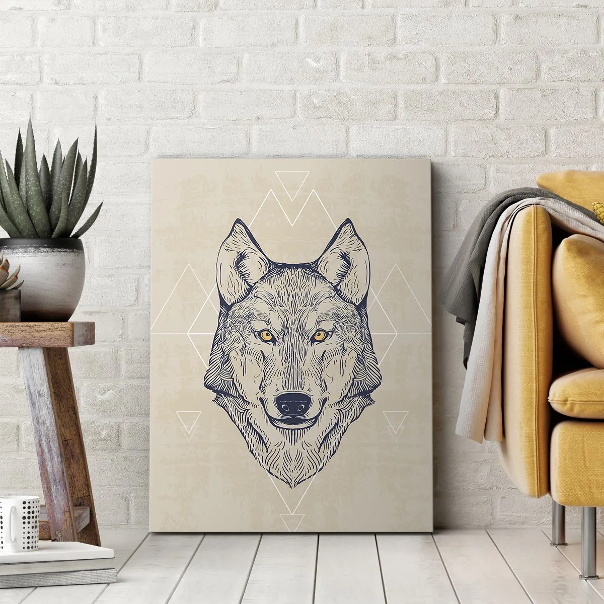 Bild auf Leinwand - Leinwandbild - Ein geometrischer Wolf auf hellem Hintergrund mit minimalistischen Mustern. - 80x120cm - Ein Alpha mit durchdringendem Blick - Moderne Wanddekoration für Wohnzimmer und Schlafzimmer ARTTOR
