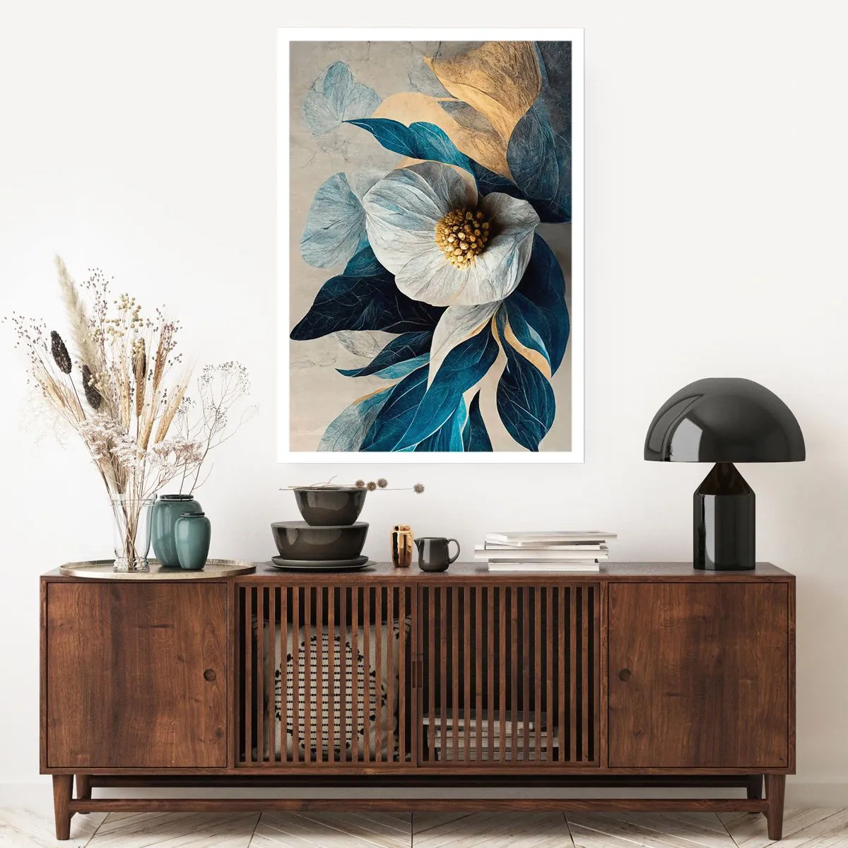 Poster - Eine elegante Blume in Marineblau- und Goldtönen - 50x70cm - Er hat ein Herz aus Gold - Moderne Wanddekoration für Wohnzimmer und Schlafzimmer ARTTOR