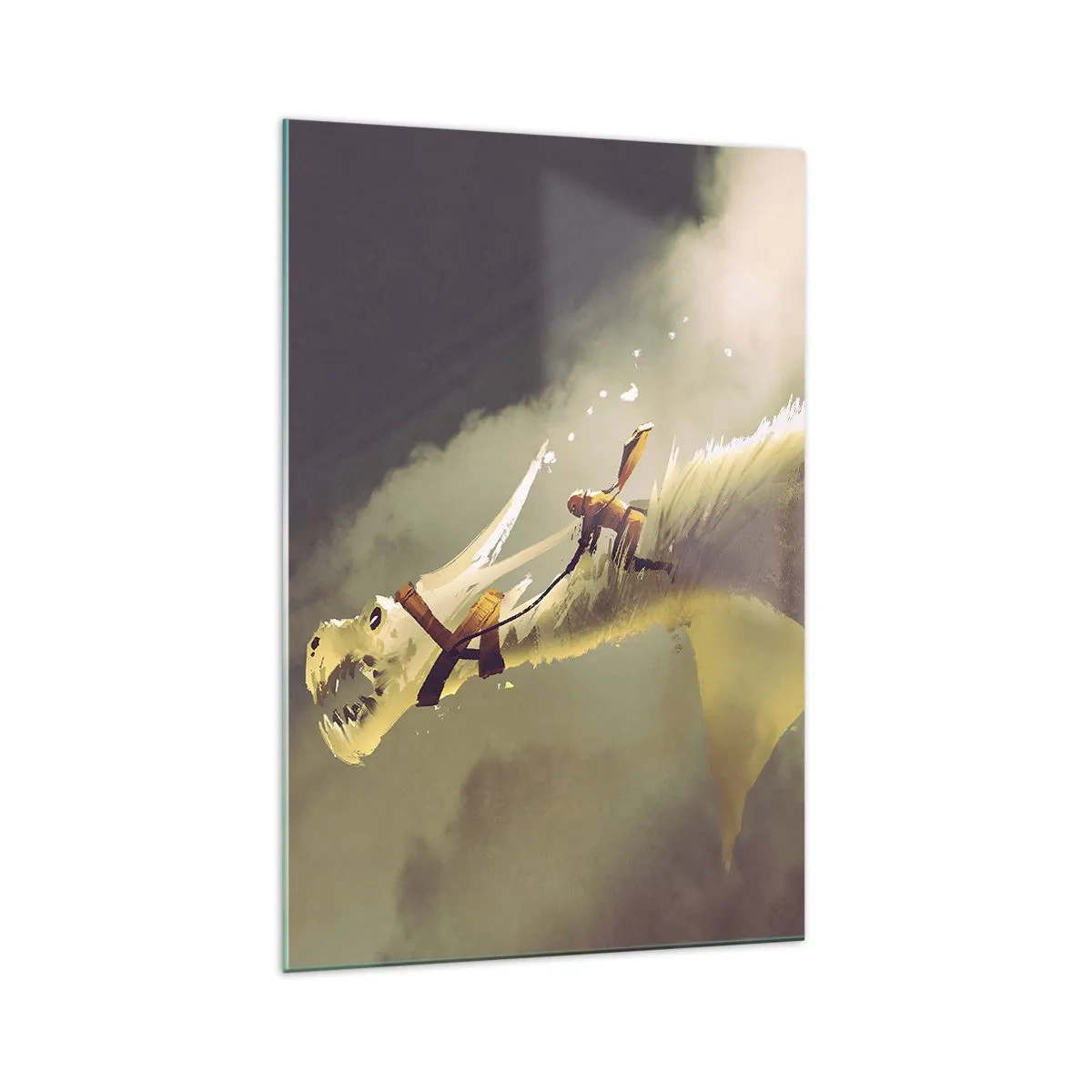Glasbild - Bild auf glas - Illustration eines Drachenreiters in einer Fantasy-Wolkenlandschaft - 70x100cm - Die Welt zur Rettung - Moderne Wanddekoration für Wohnzimmer und Schlafzimmer ARTTOR
