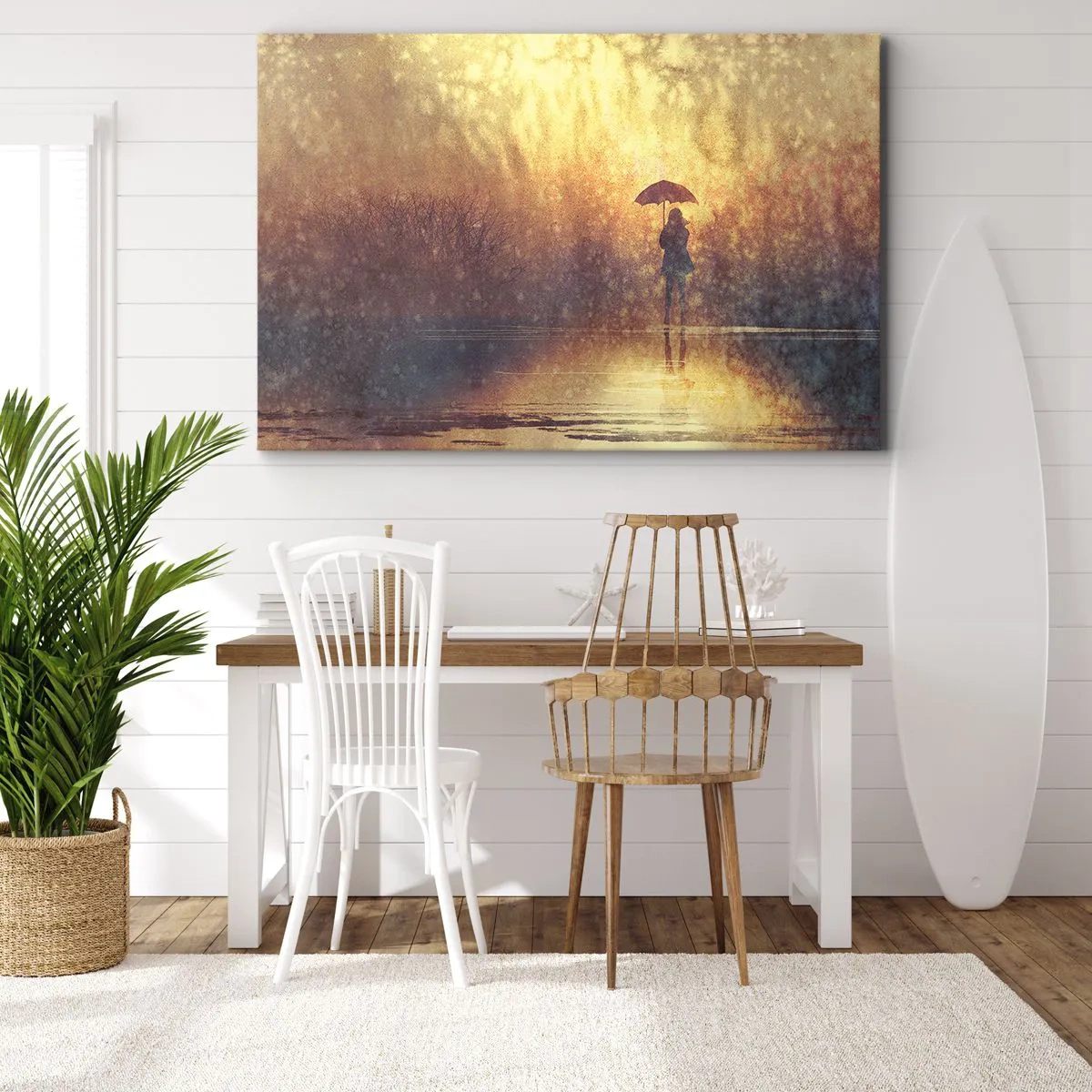 Bild auf Leinwand - Leinwandbild - Eine Figur mit einem Regenschirm in einer nebligen Landschaft voller Reflexionen - 100x70cm - Ich habe das Gefühl, dass mich jemand ansieht - Moderne Wanddekoration für Wohnzimmer und Schlafzimmer ARTTOR