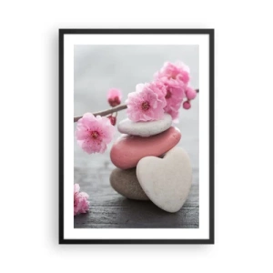Poster in einem schwarzem Rahmen - Herzförmige Steine mit rosa Kirschblüten - 50x70cm - Glückseligkeit mit einer Kirschblüte - Moderne Wanddekoration für Wohnzimmer und Schlafzimmer ARTTOR