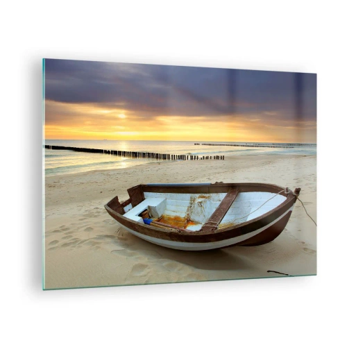 Glasbild - Bild auf glas - Ein Boot an einem Sandstrand bei Sonnenaufgang - 70x50cm - Es gibt keine schöneren Strände - Moderne Wanddekoration für Wohnzimmer und Schlafzimmer ARTTOR