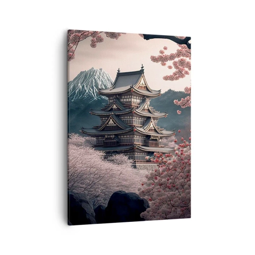 Bild auf Leinwand - Leinwandbild - Ein japanischer Tempel, umgeben von Kirschblüten und Bergen - 50x70cm - Land der Kirschblüten - Moderne Wanddekoration für Wohnzimmer und Schlafzimmer ARTTOR