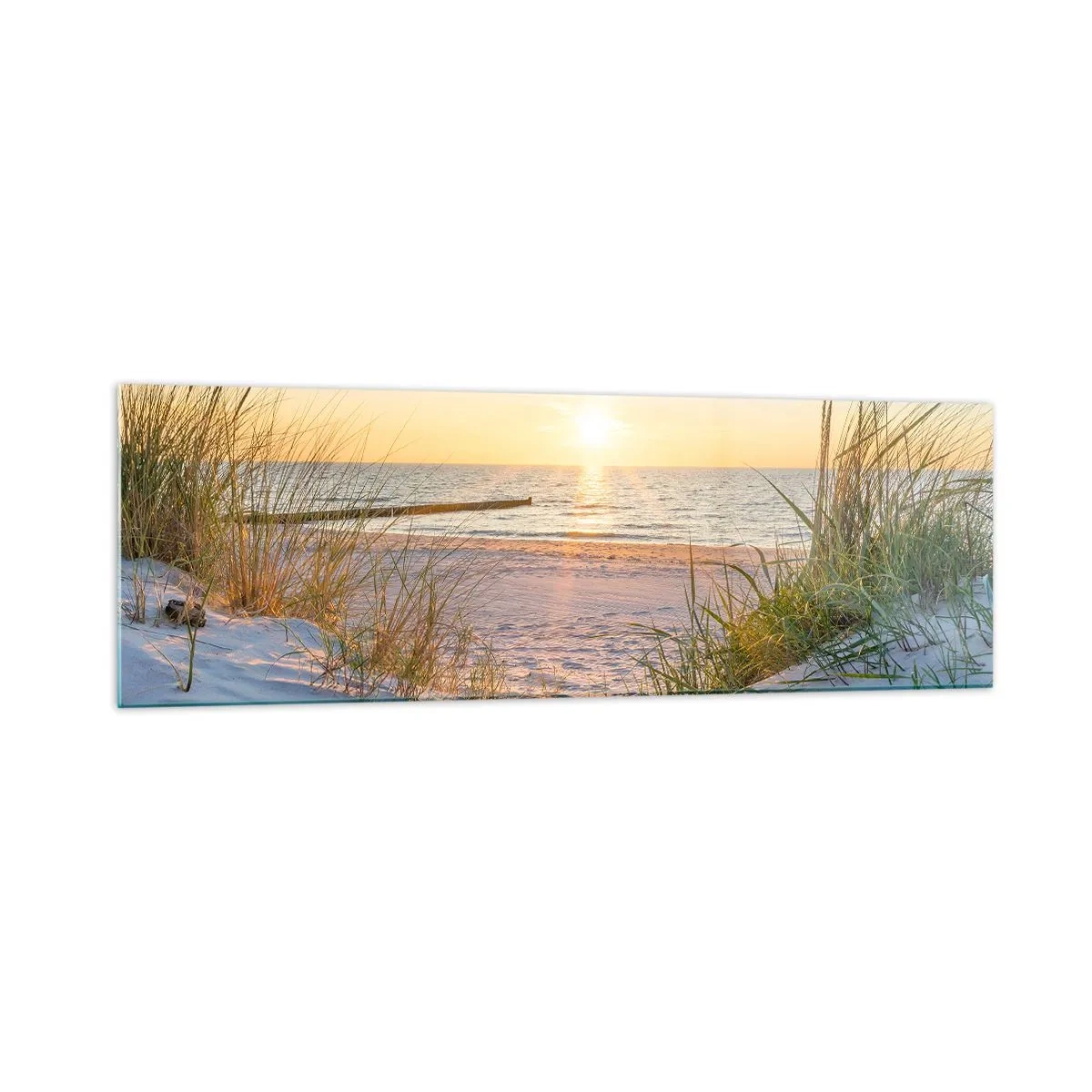 Glasbild - Bild auf glas - Ein Sandstrand mit Blick auf den Sonnenuntergang über dem Meer - 160x50cm - Das Rauschen des Meeres, der Gesang der Vögel, ein wilder Strand im Gras ... - Moderne Wanddekoration für Wohnzimmer und Schlafzimmer ARTTOR