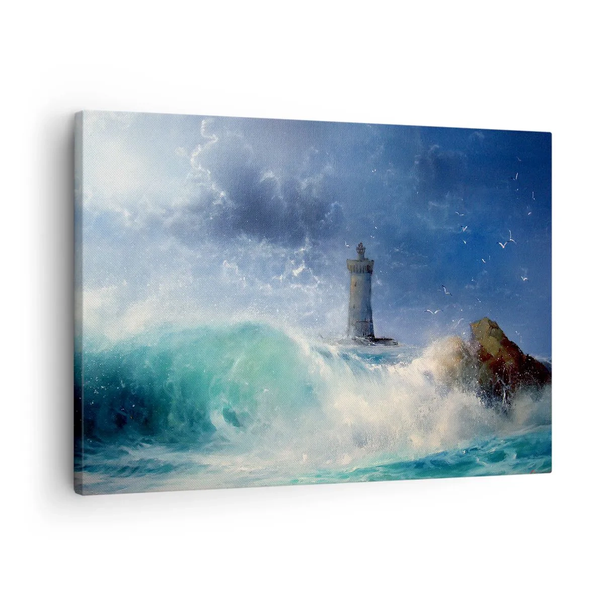 Bild auf Leinwand - Leinwandbild - Ein Leuchtturm, umgeben von rauen Wellen und Wolken - 70x50cm - Auf der Hut vor den Elementen - Moderne Wanddekoration für Wohnzimmer und Schlafzimmer ARTTOR