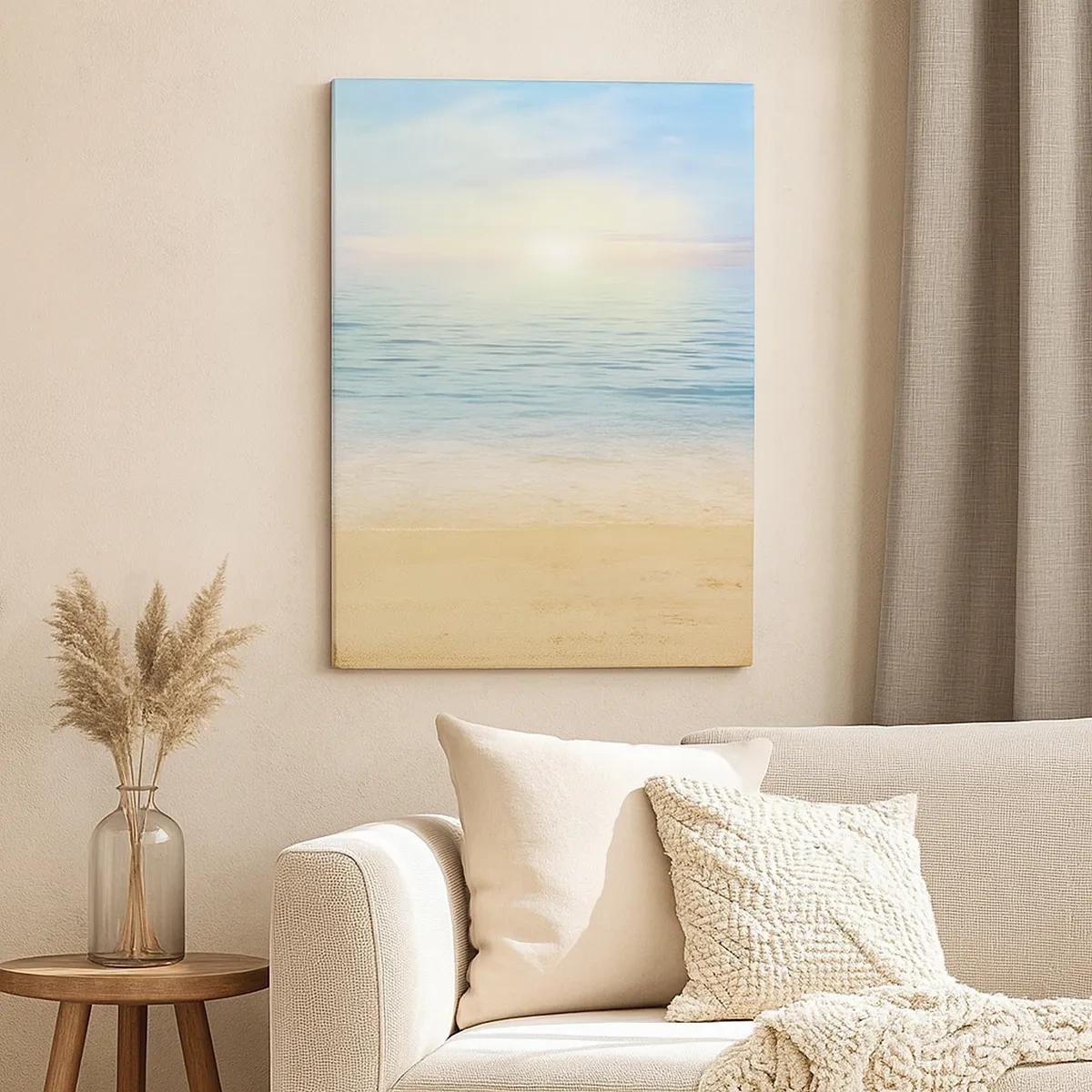 Bild auf Leinwand - Leinwandbild - Ein Strand mit türkisfarbenem Meer und klarem Himmel - 50x70cm - Großes Blau - Moderne Wanddekoration für Wohnzimmer und Schlafzimmer ARTTOR