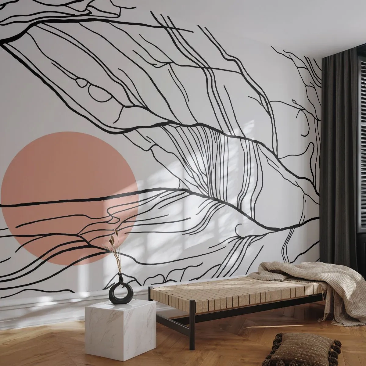 Fototapete Premium Sand - In einem Netz aus Zweigen - Abstraktion, Grafik, Design - 300x210 cm