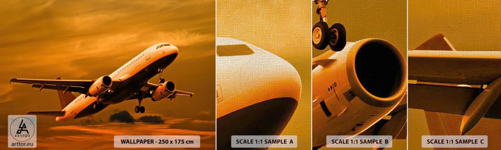 Fototapeten Muster Premium Canvas - Flug der Sonne entgegen - Flugzeug, Reise, Sonnenuntergang - 100x30 cm