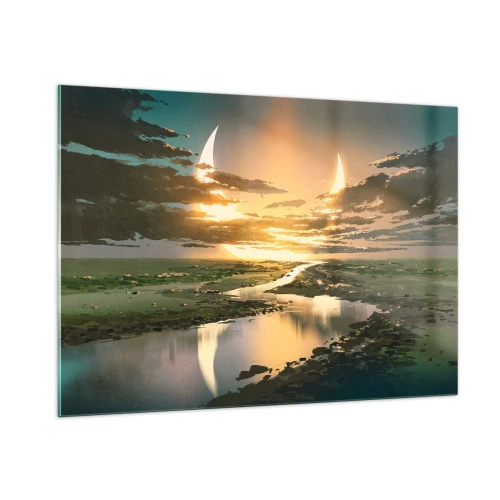 Glasbild - Bild auf glas - Eine fantastische Landschaft mit einem Doppelmond über dem Fluss - 100x70cm - Irgendwo in einer weit, weit entfernten Galaxie - Moderne Wanddekoration für Wohnzimmer und Schlafzimmer ARTTOR