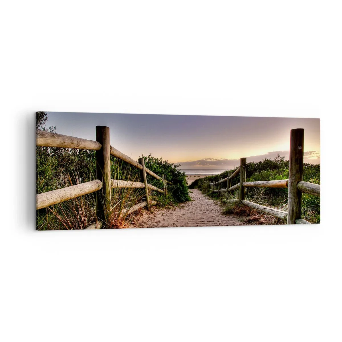 Bild auf Leinwand - Leinwandbild - Holzweg in den Dünen, der bei Sonnenuntergang zum Strand führt - 140x50cm - Das Ziel ist bereits sichtbar - Moderne Wanddekoration für Wohnzimmer und Schlafzimmer ARTTOR