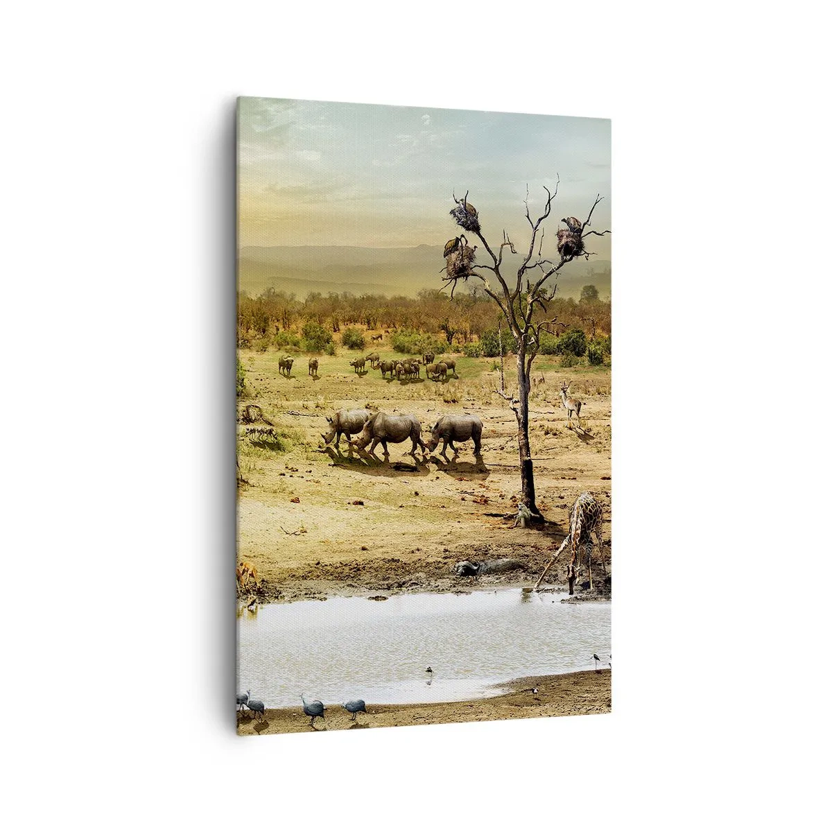 Bild auf Leinwand - Leinwandbild - Elefanten und Wildtiere an einer Wasserstelle bei Sonnenuntergang - 80x120cm - Ein Fluss floss aus Eden ... - Moderne Wanddekoration für Wohnzimmer und Schlafzimmer ARTTOR