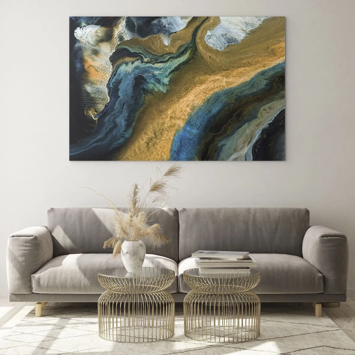 Glasbild - Bild auf glas - Abstrakte Komposition in Blau- und Goldtönen - 70x50cm - Blau - Gelb - gegenseitige Beeinflussung - Moderne Wanddekoration für Wohnzimmer und Schlafzimmer ARTTOR