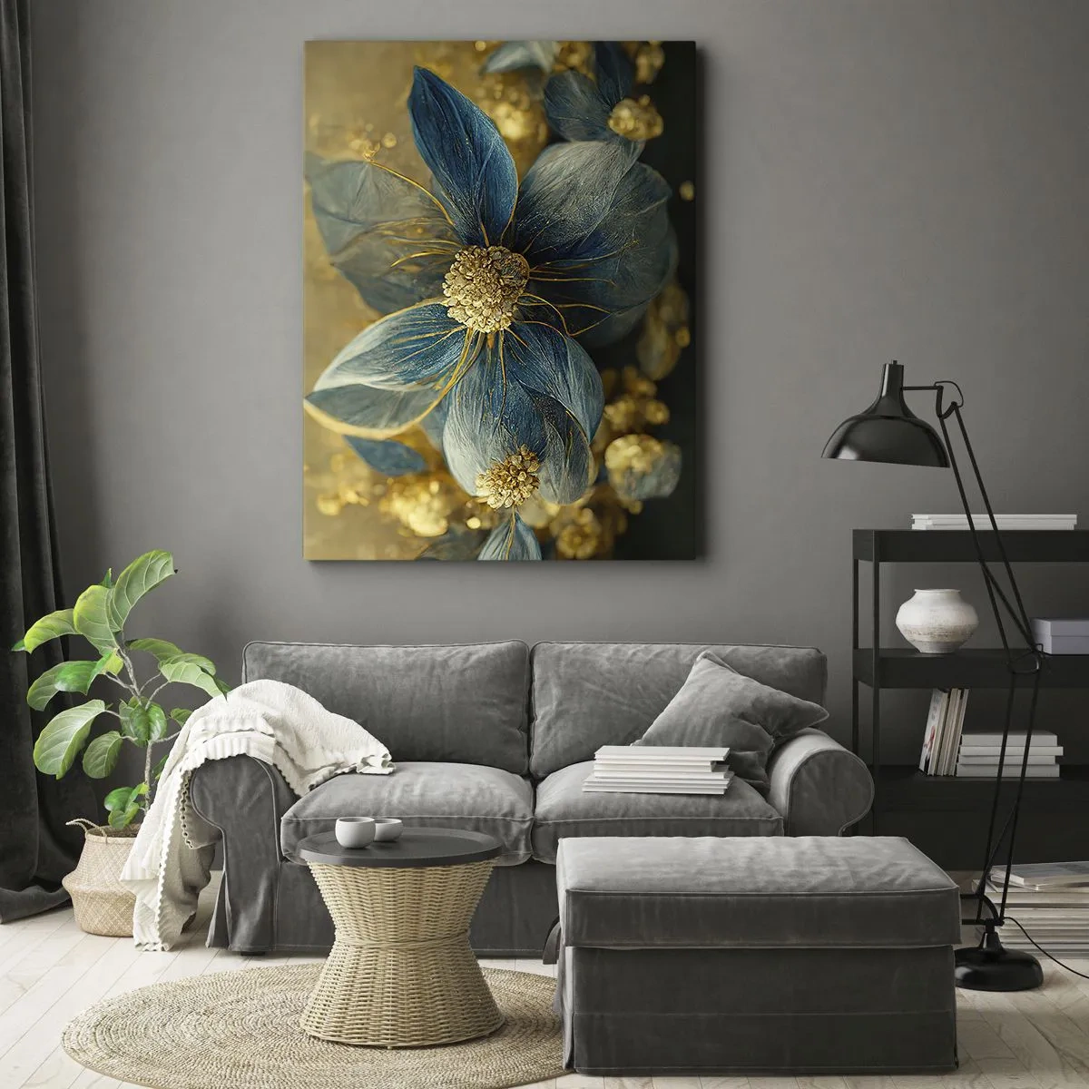 Bild auf Leinwand - Leinwandbild - Elegante Blumen in Blau- und Goldtönen - 70x100cm - Mit Gold blühen - Moderne Wanddekoration für Wohnzimmer und Schlafzimmer ARTTOR