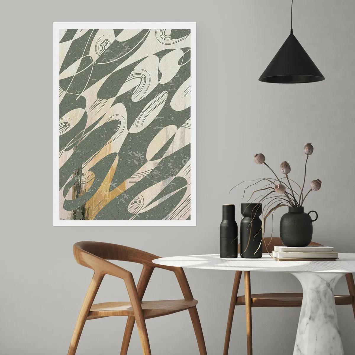 Poster - Eine abstrakte Komposition aus organischen Formen in Grün und Beige. - 50x70cm - Rhythmische Abstraktion - Moderne Wanddekoration für Wohnzimmer und Schlafzimmer ARTTOR