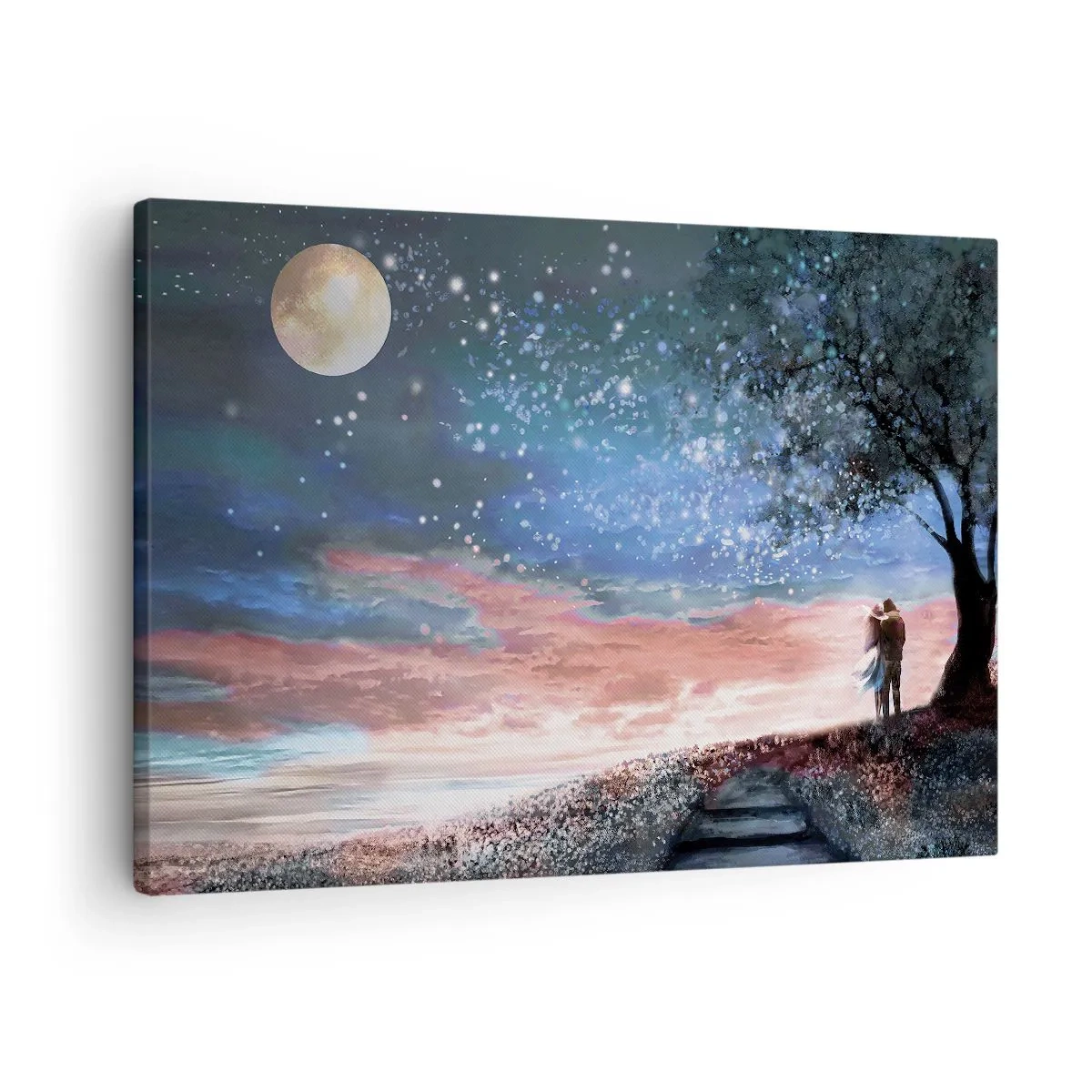 Bild auf Leinwand - Leinwandbild - Romantische Paarszene unter Vollmond - 70x50cm - Ein sternenklares Spektakel - Moderne Wanddekoration für Wohnzimmer und Schlafzimmer ARTTOR