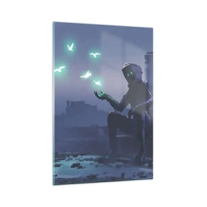 Glasbild - Bild auf glas - Eine vermummte Figur mit magischen Vögeln im Hintergrund einer Stadt - 80x120cm - Das Leben wird zurückkommen - Moderne Wanddekoration für Wohnzimmer und Schlafzimmer ARTTOR