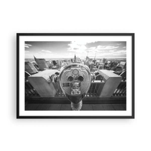 Poster in einem schwarzem Rahmen - Monochromer Blick durch das Teleskop auf das Stadtpanorama - 70x50cm - Stadt über den Städten - Moderne Wanddekoration für Wohnzimmer und Schlafzimmer ARTTOR