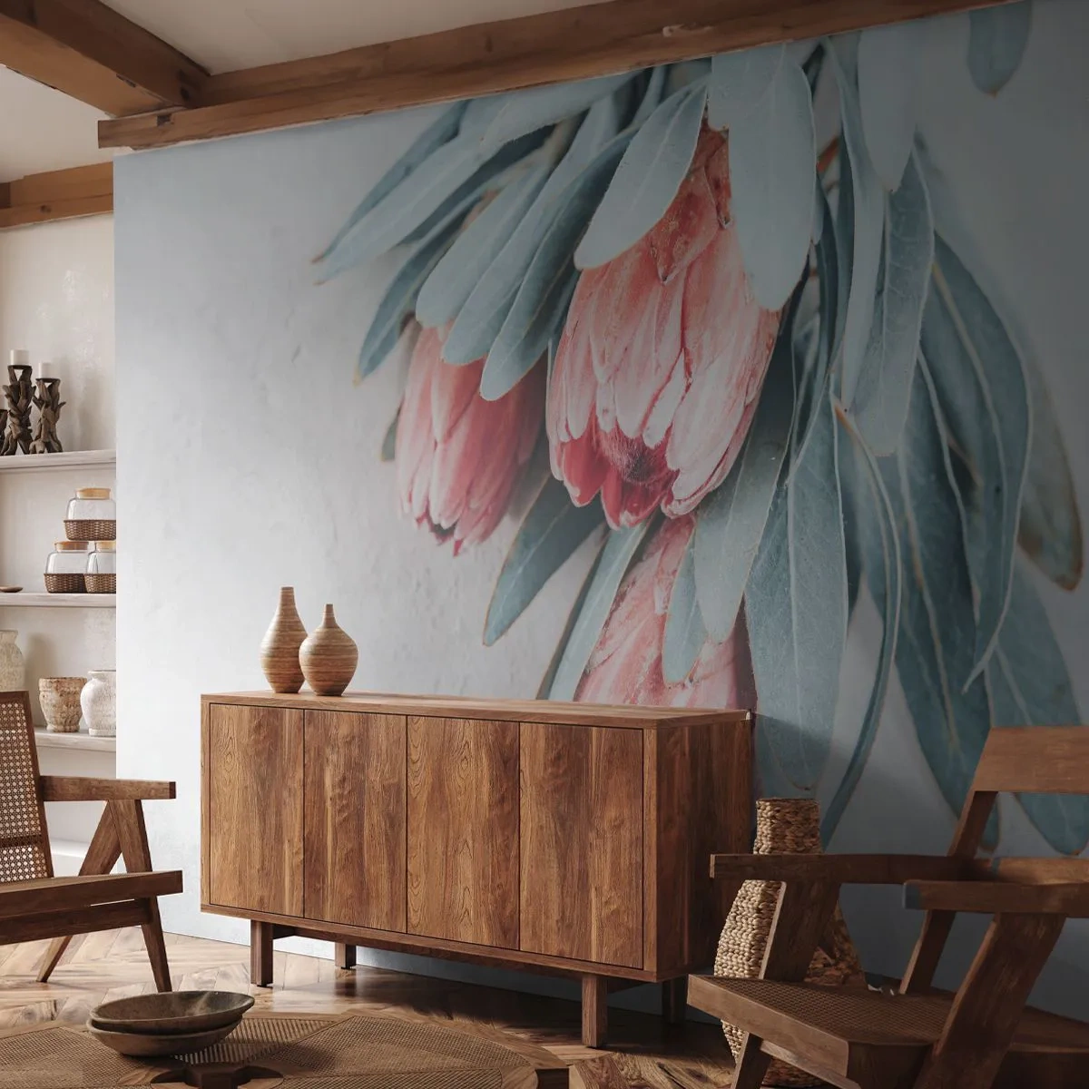 Fototapete Premium Sand - Schämen sich für ihre eigene Schönheit - Blume, Königliche Protea, Afrika - 450x315 cm