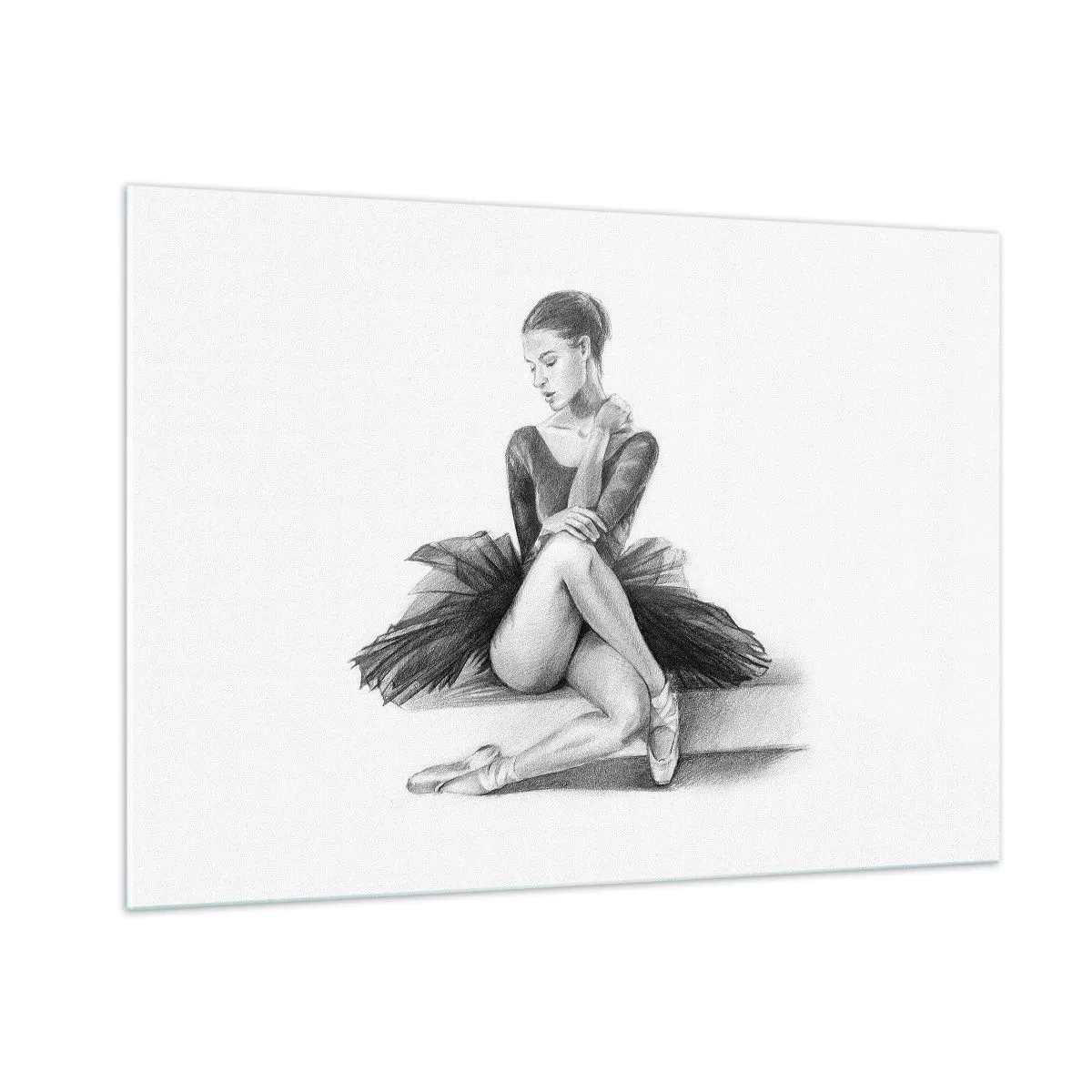 Glasbild - Bild auf glas - Skizze einer Ballerina im schwarzen Kleid in nachdenklicher Pose - 100x70cm - Vom Tanz verzaubert - Moderne Wanddekoration für Wohnzimmer und Schlafzimmer ARTTOR