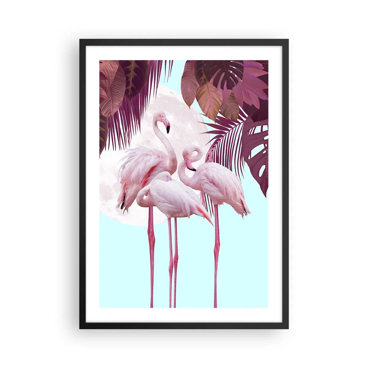 Poster in einem schwarzem Rahmen - Flamingos vor dem Hintergrund tropischer Blätter und Vollmond - 50x70cm - Drei Vogelgnaden - Moderne Wanddekoration für Wohnzimmer und Schlafzimmer ARTTOR