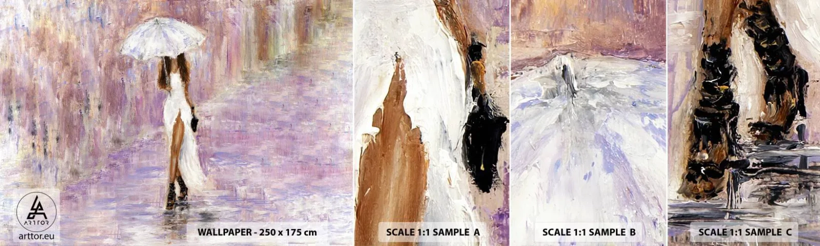 Fototapeten Muster Selbstklebend Deluxe Sticker - Im lila Regen - Frau, Mode, Im Regen spazieren gehen - 100x30 cm