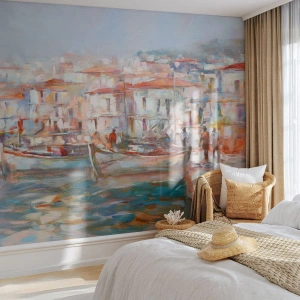 Fototapete Standard Eco - Pastell-Sommerferien - Hafenstadt, Die Architektur, Fischerboot - 150x105 cm