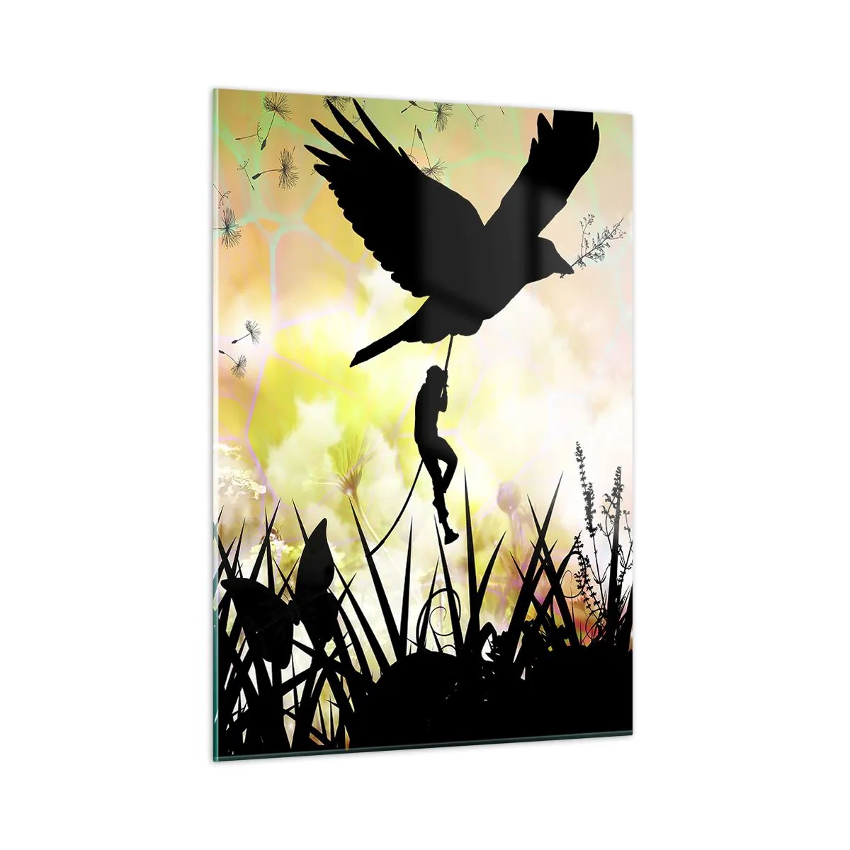 Glasbild - Bild auf glas - Illustration einer Figur, die vor einem Hintergrund aus bunten Blumen auf einen Vogel klettert. - 50x70cm - In märchenhafter Atmosphäre - Moderne Wanddekoration für Wohnzimmer und Schlafzimmer ARTTOR