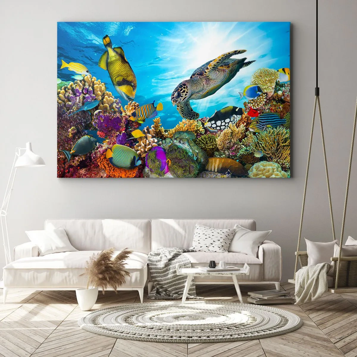 Bild auf Leinwand - Leinwandbild - Unterwasserwelt mit bunten Fischen und einer Schildkröte in den Korallen - 70x50cm - Korallenpromenade - Moderne Wanddekoration für Wohnzimmer und Schlafzimmer ARTTOR