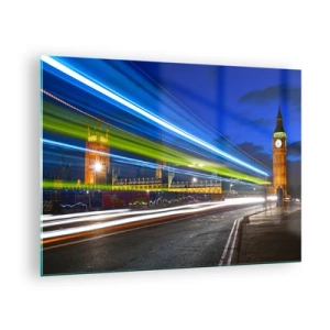 Glasbild - Bild auf glas - Big Ben bei Nacht mit verschwommenen Autolichtern - 70x50cm - Unter den wachsamen Augen von Big Ben - Moderne Wanddekoration für Wohnzimmer und Schlafzimmer ARTTOR
