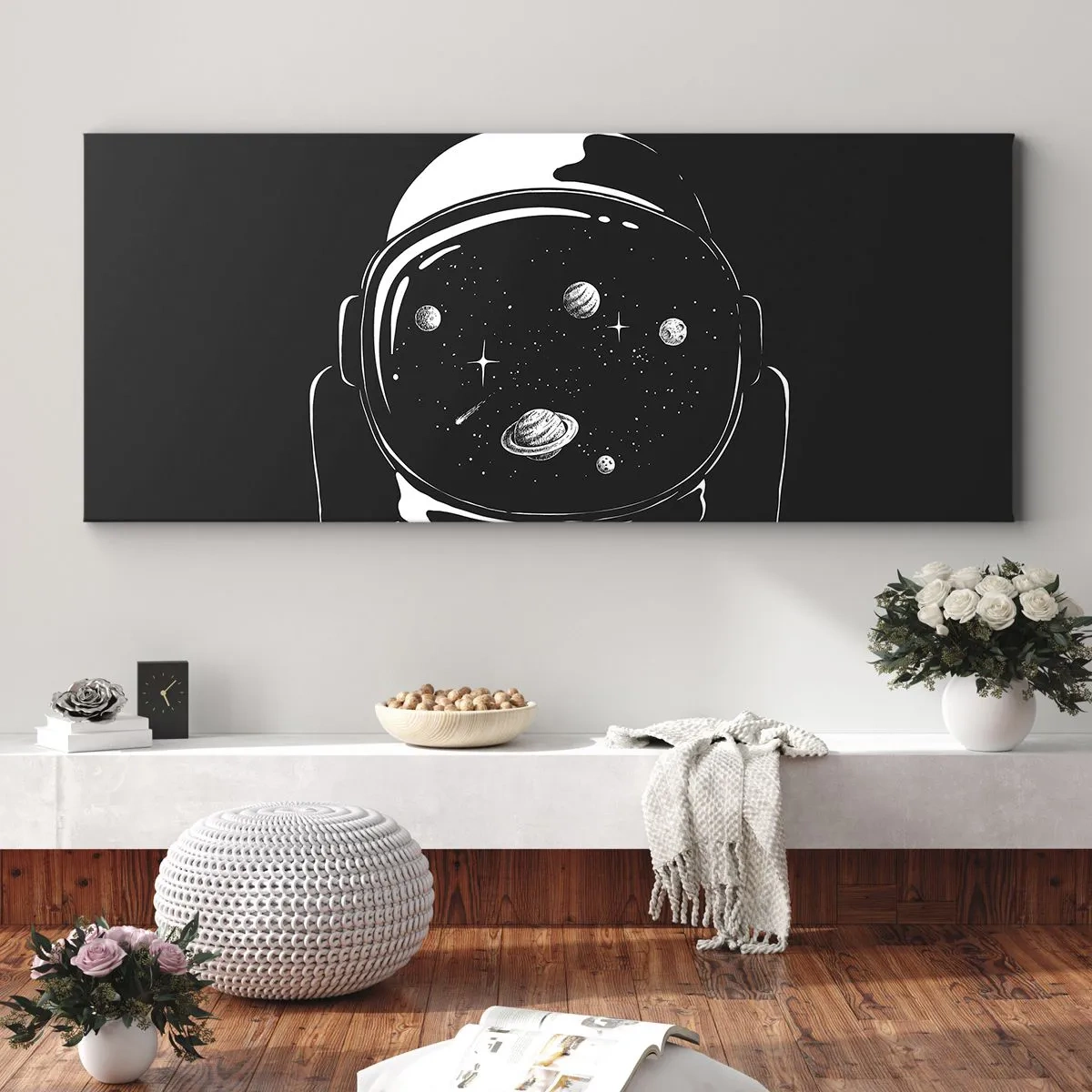 Bild auf Leinwand - Leinwandbild - Ein minimalistischer Astronautenhelm mit Blick ins Weltall - 160x50cm - Schöne Aussicht - Moderne Wanddekoration für Wohnzimmer und Schlafzimmer ARTTOR