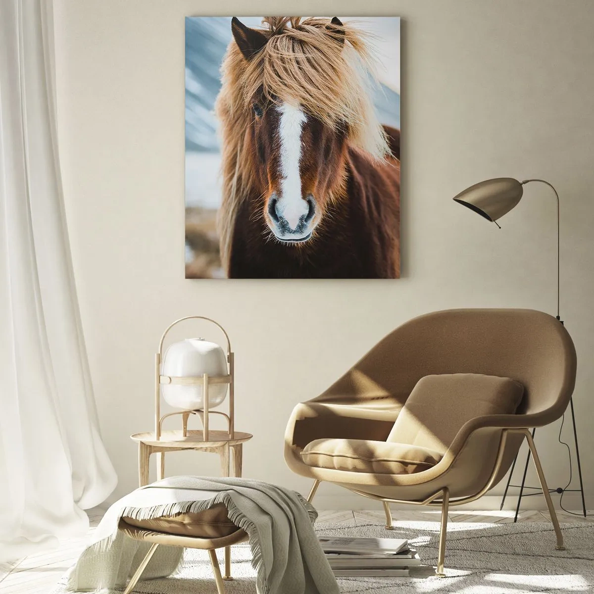 Glasbild - Bild auf glas - Ein Pferd vor einer Berglandschaft im Winter - 50x70cm - Spürst du die Freiheit? - Moderne Wanddekoration für Wohnzimmer und Schlafzimmer ARTTOR