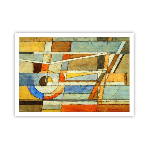 Poster - Geometrische Abstraktion in Beige-, Blau- und Orangetönen - 100x70cm - Kubismus auf der Baustelle - Moderne Wanddekoration für Wohnzimmer und Schlafzimmer ARTTOR