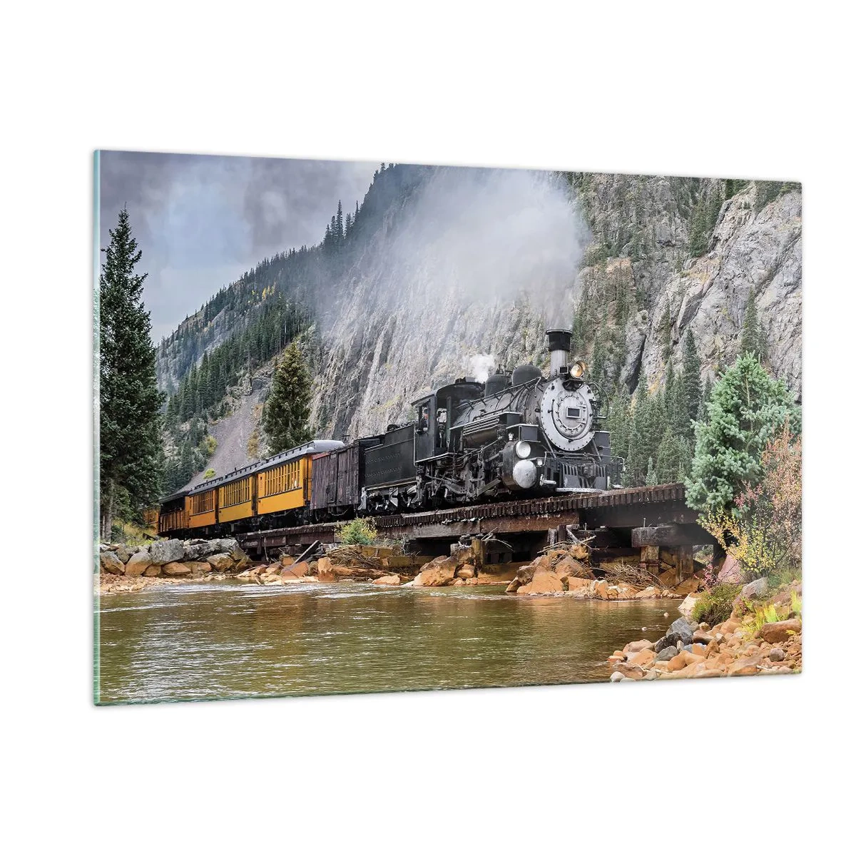 Glasbild - Bild auf glas - Eine Dampflokomotive auf einer Brücke in den Bergen - 120x80cm - Wo willst du hin? Wohin? - Moderne Wanddekoration für Wohnzimmer und Schlafzimmer ARTTOR