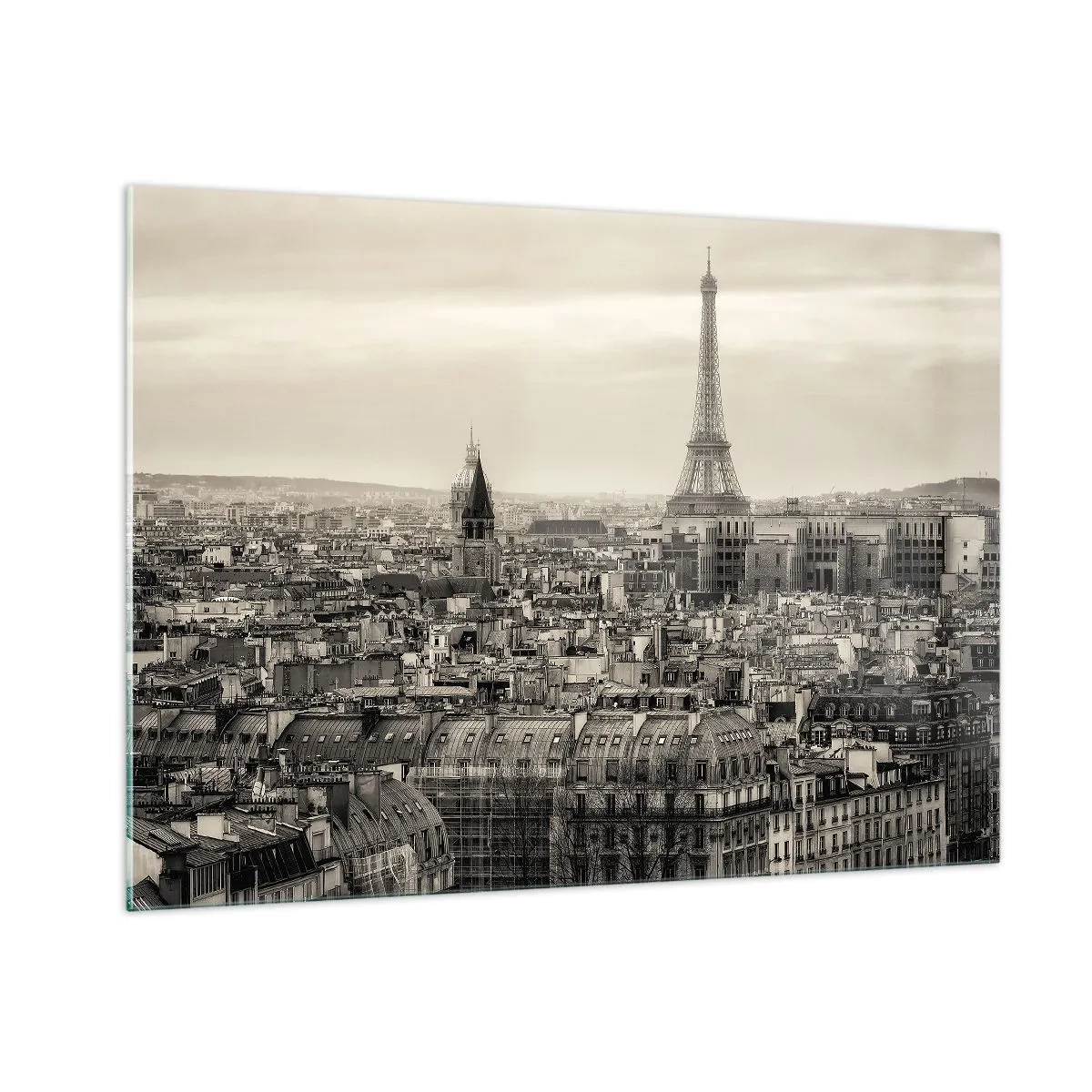 Glasbild - Bild auf glas - Ein Panorama von Paris mit Blick auf den Eiffelturm in Sepiatönen - 100x70cm - Über den Dächern von Paris - Moderne Wanddekoration für Wohnzimmer und Schlafzimmer ARTTOR