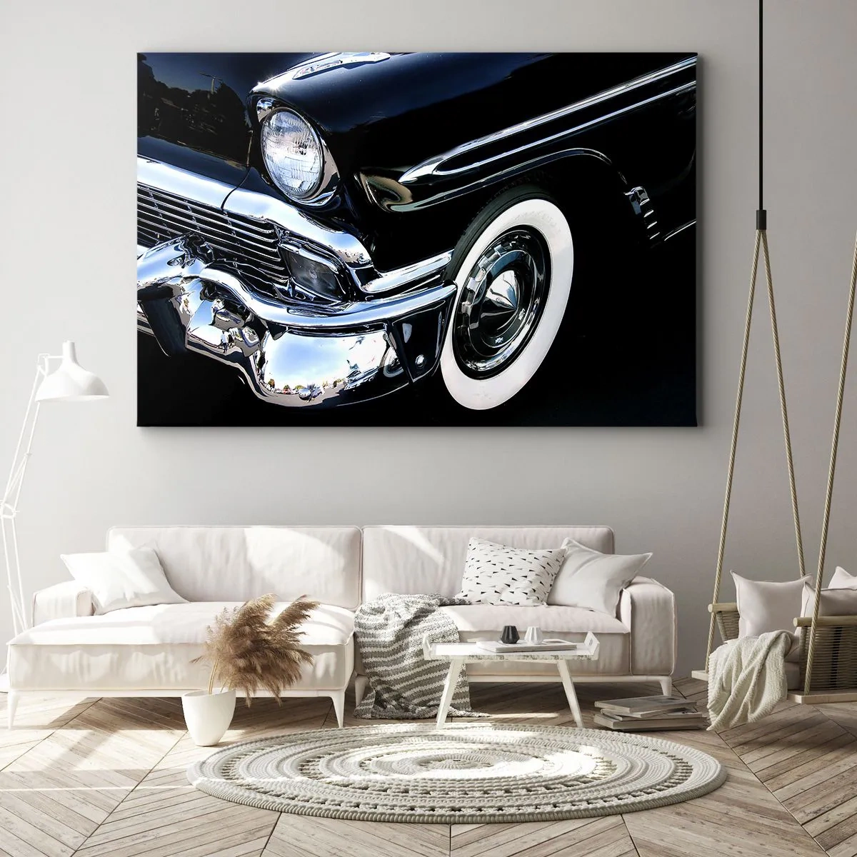 Bild auf Leinwand - Leinwandbild - Schwarzer Oldtimer, Nahaufnahme von Scheinwerfer und Kotflügel - 100x70cm - Klassiker in Silber, Schwarz und Weiß - Moderne Wanddekoration für Wohnzimmer und Schlafzimmer ARTTOR