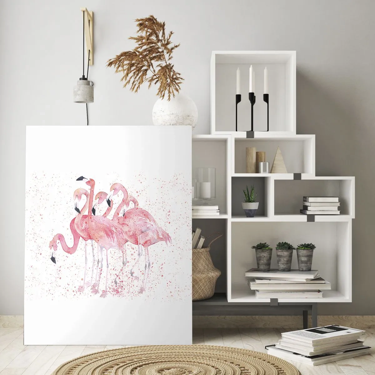 Glasbild - Bild auf glas - Aquarell-Flamingos auf hellem Hintergrund mit zarten Flecken - 50x70cm - Rosa Ensemble - Moderne Wanddekoration für Wohnzimmer und Schlafzimmer ARTTOR
