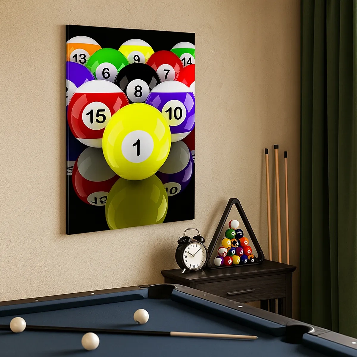 Bild auf Leinwand - Leinwandbild - Bunte Billardkugeln in einem Dreieck auf schwarzem Hintergrund angeordnet - 50x70cm - Verschiedene Spielfarben - Moderne Wanddekoration für Wohnzimmer und Schlafzimmer ARTTOR